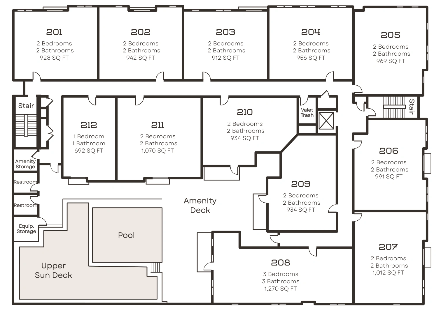 Floor 2 plate showing residences 201 to 212 and the pool amenity deck