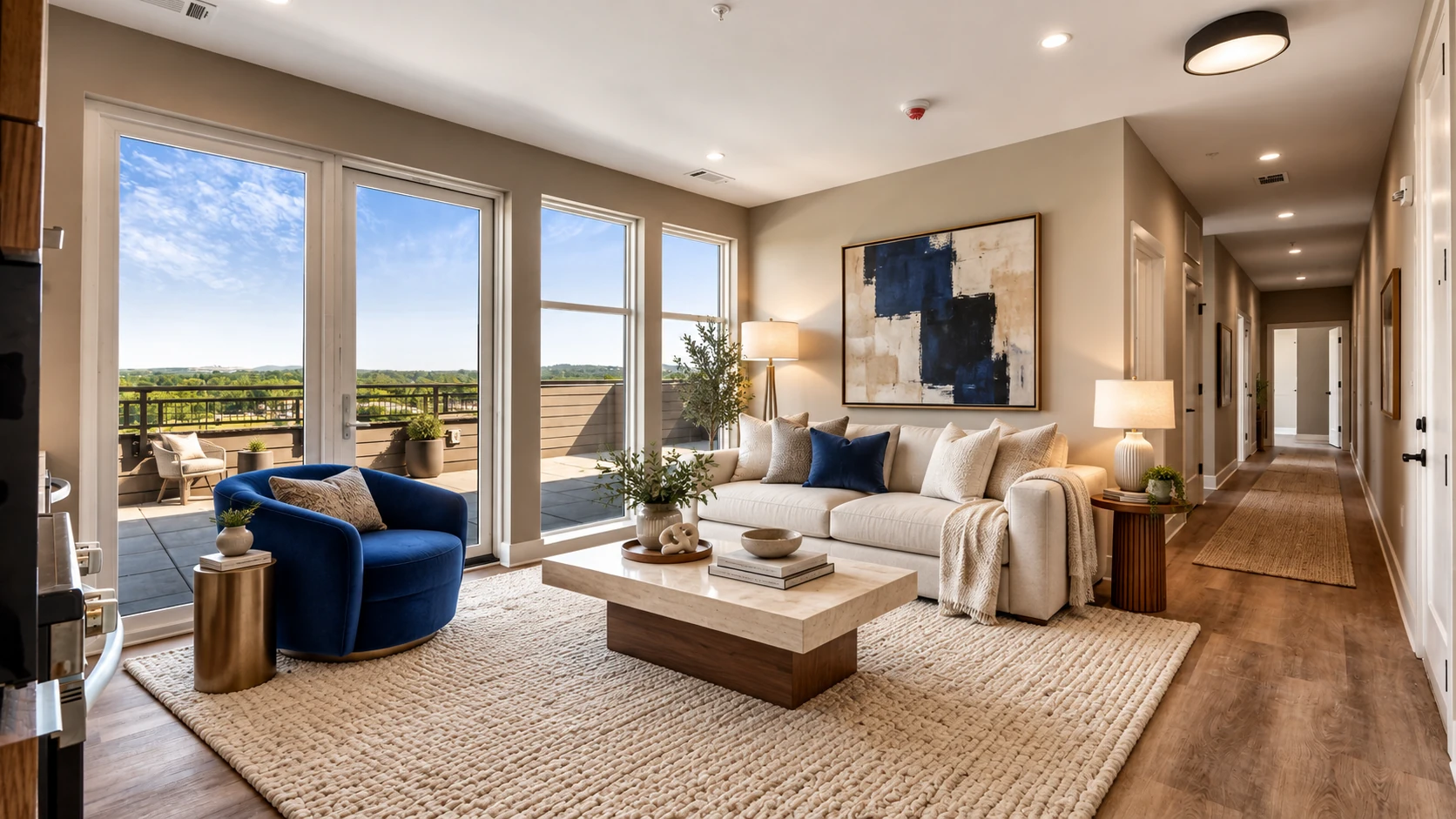 Virtually furnished Jesse living room with warm wood finishes and designer furniture