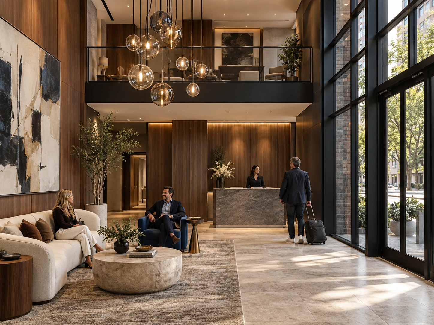 Proposed double-height lobby with sculptural lighting and contemporary seating
