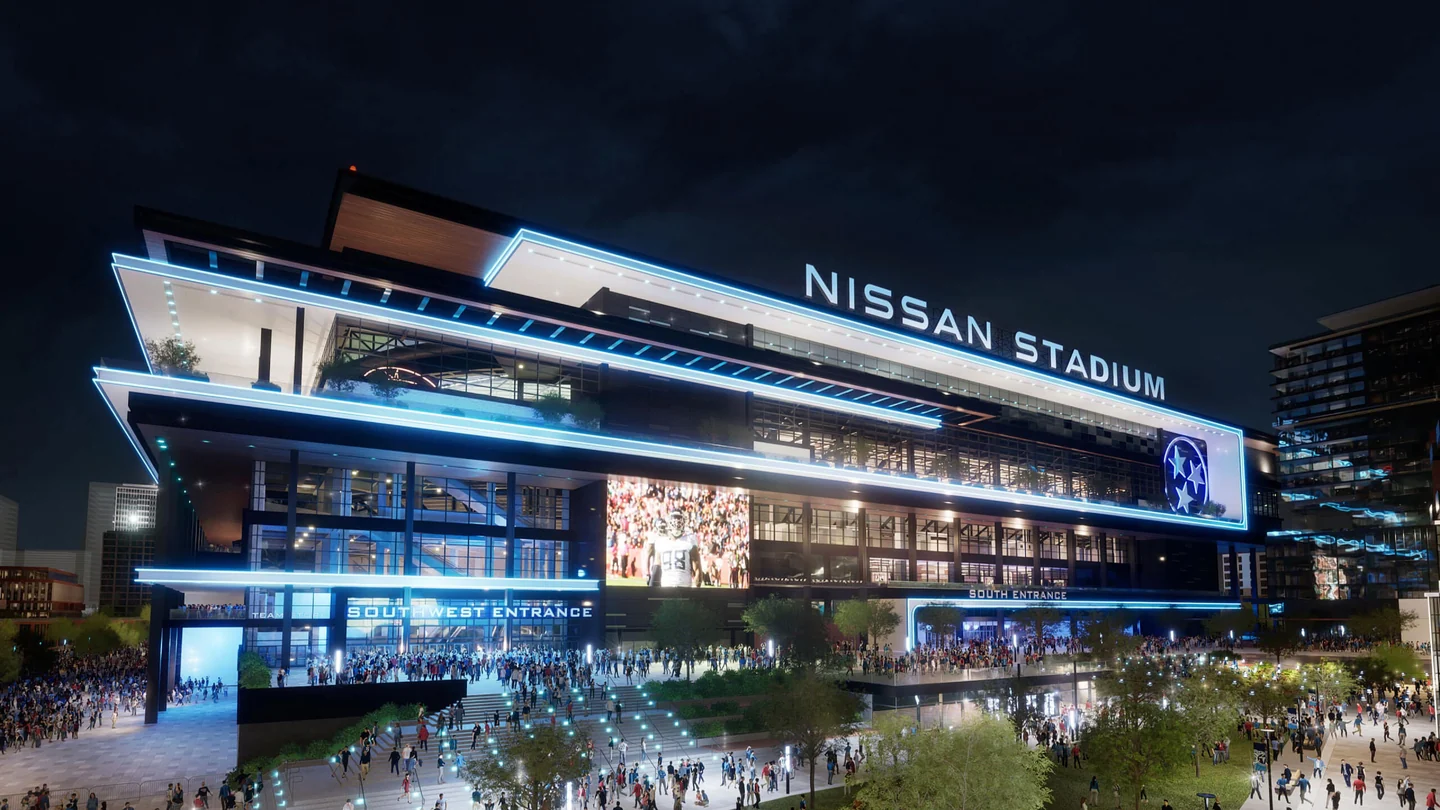 Official nighttime exterior rendering of the new Nissan Stadium, expected to open in 2027.
