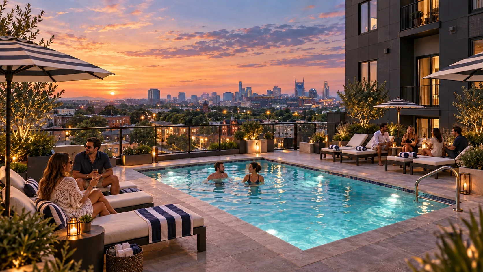 Concept of the finished rear pool terrace overlooking downtown Nashville
